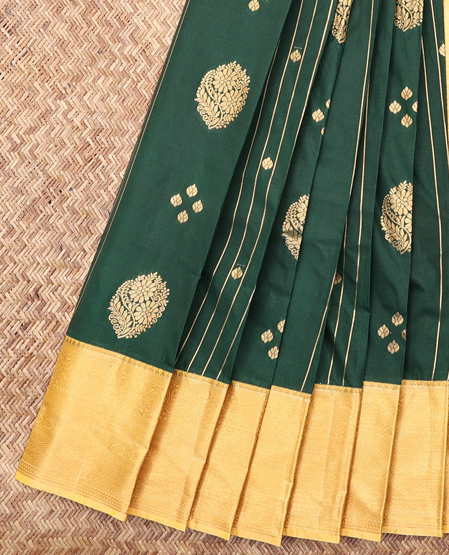 Green Budget Silk Saree, Detailed with Zari Buttas and Stripes, Complemented by a Contrast Traditional Zari Border, Sparsely Woven Pallu, and a Contrast Blouse
