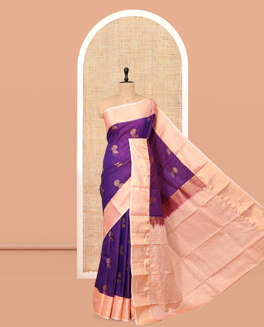 Violet Budget Silk Saree, Styled with Floral Zari Buttas, Complemented by a Contrast Traditional Zari Border, Grand Pallu, and Contrast Blouse