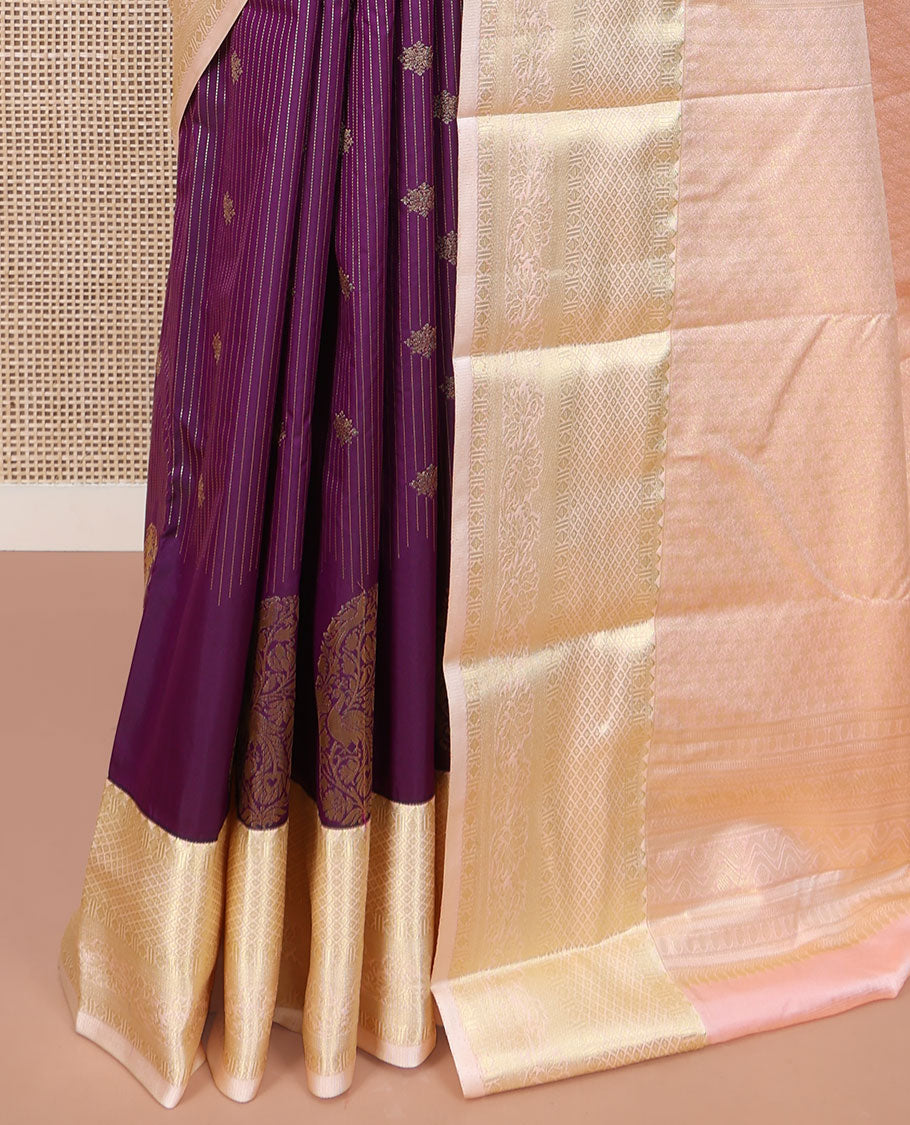 Purple Budget Silk Saree, Gleamed Up with Diamond Buttas and Stripes All Over Its Body, Complemented by a Contrast Traditional Zari Design Border, Grand Jaal Pallu, and Paired with a Contrast Blouse