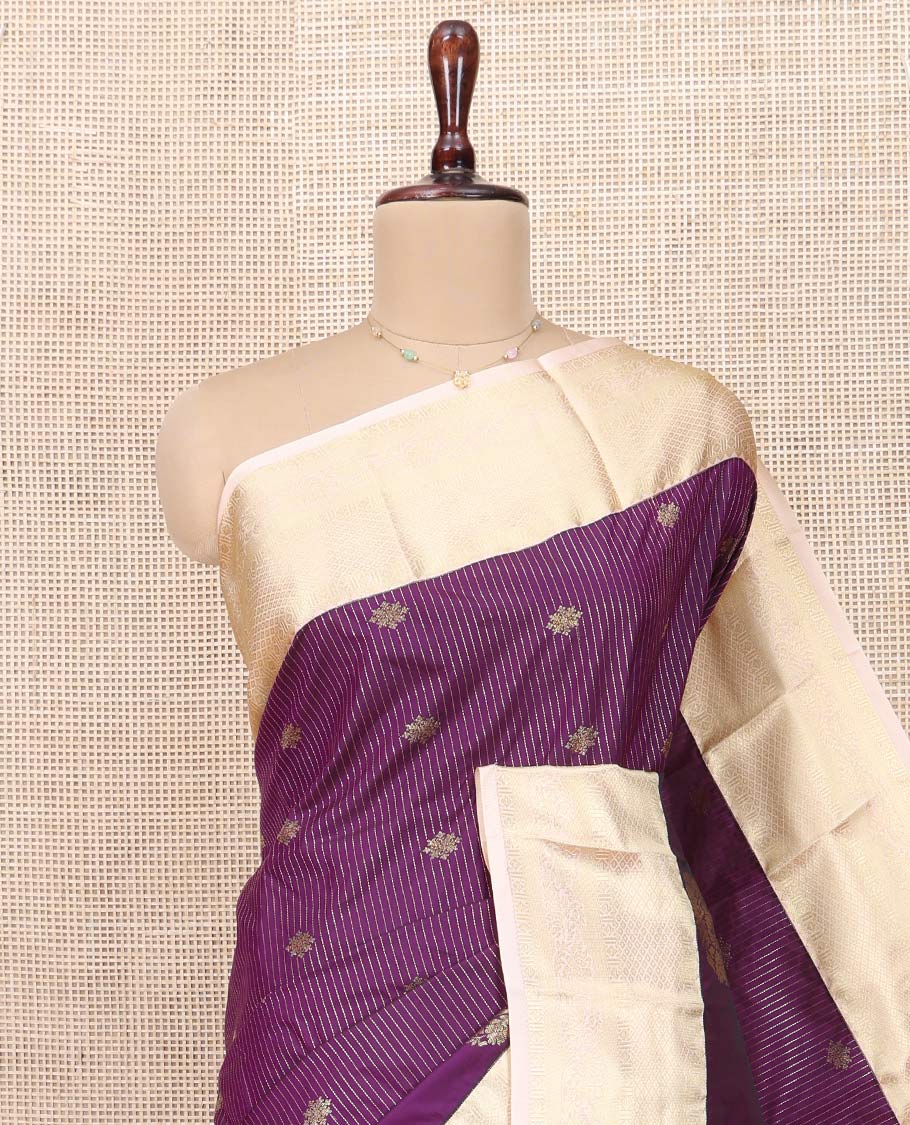 Purple Budget Silk Saree, Gleamed Up with Diamond Buttas and Stripes All Over Its Body, Complemented by a Contrast Traditional Zari Design Border, Grand Jaal Pallu, and Paired with a Contrast Blouse