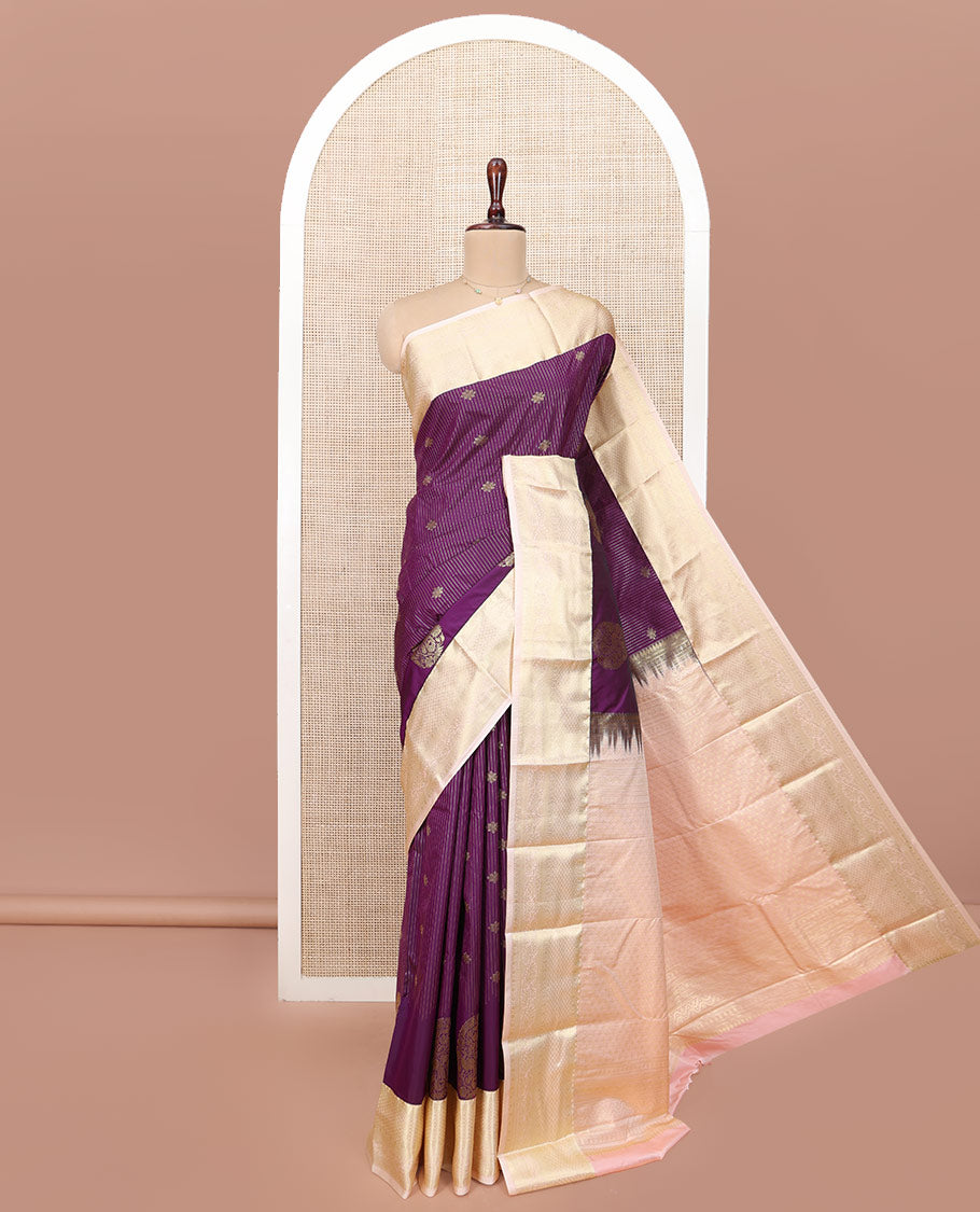 Purple Budget Silk Saree, Gleamed Up with Diamond Buttas and Stripes All Over Its Body, Complemented by a Contrast Traditional Zari Design Border, Grand Jaal Pallu, and Paired with a Contrast Blouse