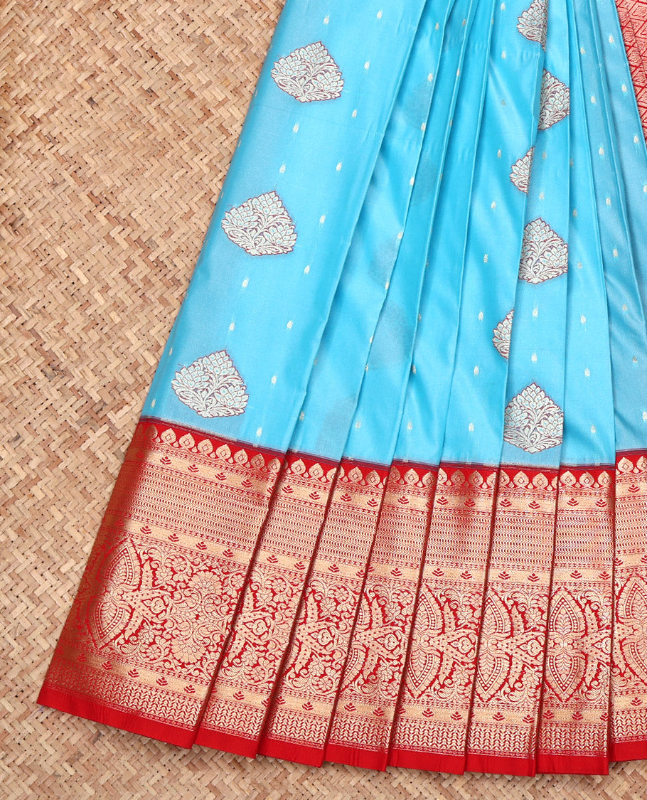 Blue Budget Silk Saree, Embellished with Zari Buttas All Over Its Body, Complemented by a Contrast Traditional Zari Design Border, Grand Jaal Pallu, and Paired with a Contrast Blouse