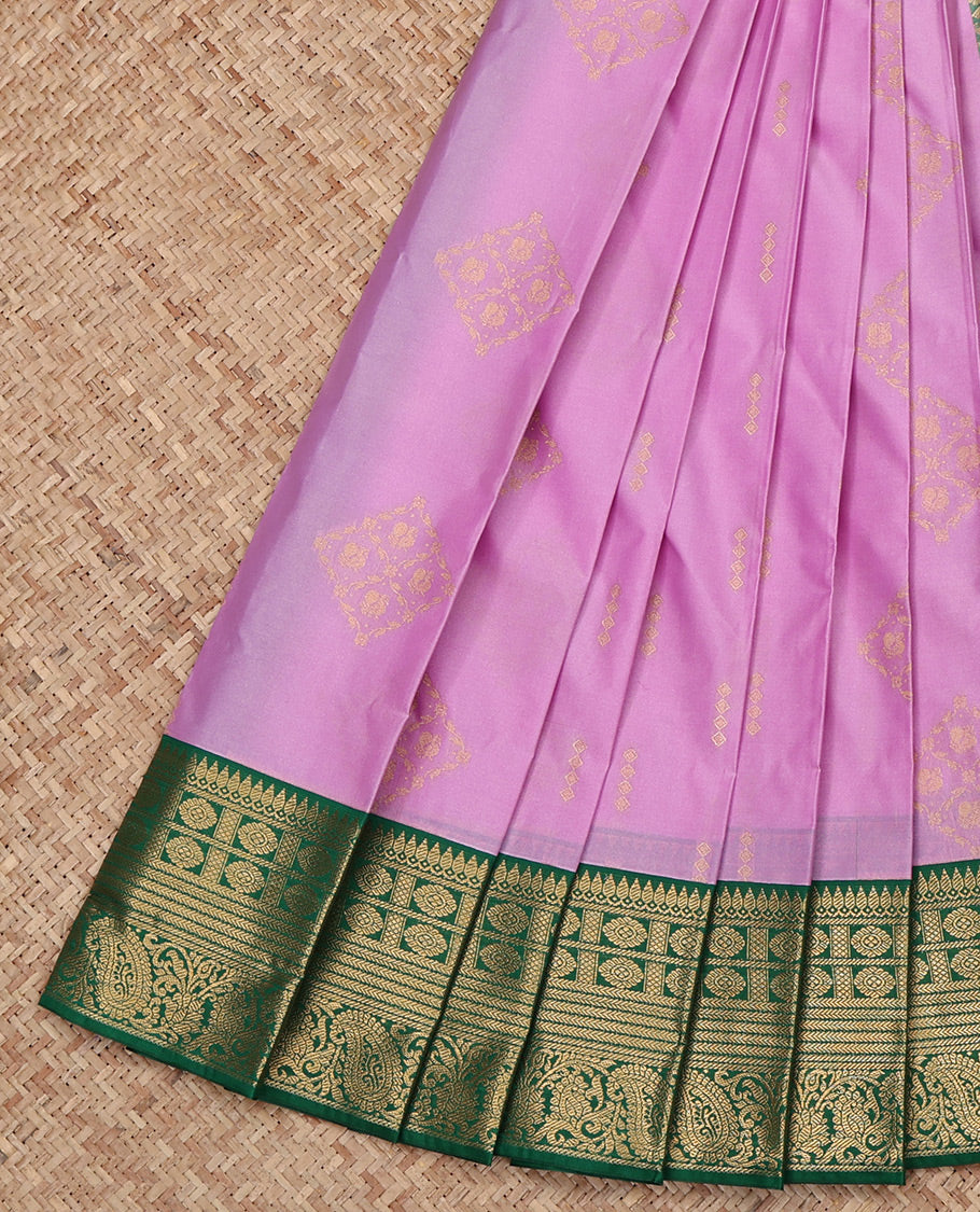 Pink Budget Silk Saree, Woven with Zari Buttas All Over Its Body, Complemented by a Contrast Traditional Zari Border, Grand Jaal Pallu, and Paired with a Contrast Blouse