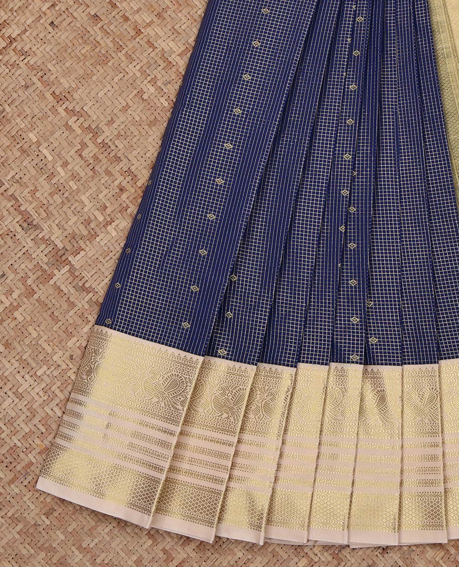 Navy Blue Budget Silk Saree, Detailed with Zari Buttas and Checks on Its Body, Complemented by a Contrast Traditional Zari Design Border, Grand Pallu, and Paired with a Contrast Blouse