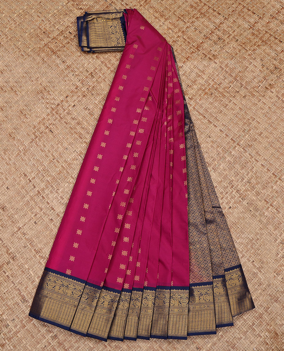 Magenta Budget Silk Saree, Mesmerized with Zari Buttas All Over Its Body, Complemented by a Contrast Traditional Zari Design Border, Grand Jaal Pallu, and Paired with a Contrast Blouse