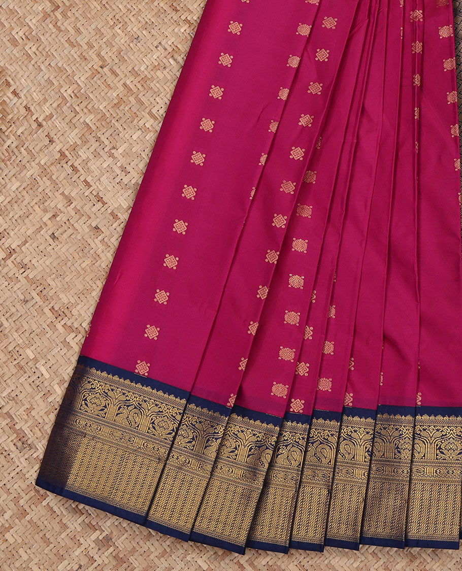 Magenta Budget Silk Saree, Mesmerized with Zari Buttas All Over Its Body, Complemented by a Contrast Traditional Zari Design Border, Grand Jaal Pallu, and Paired with a Contrast Blouse