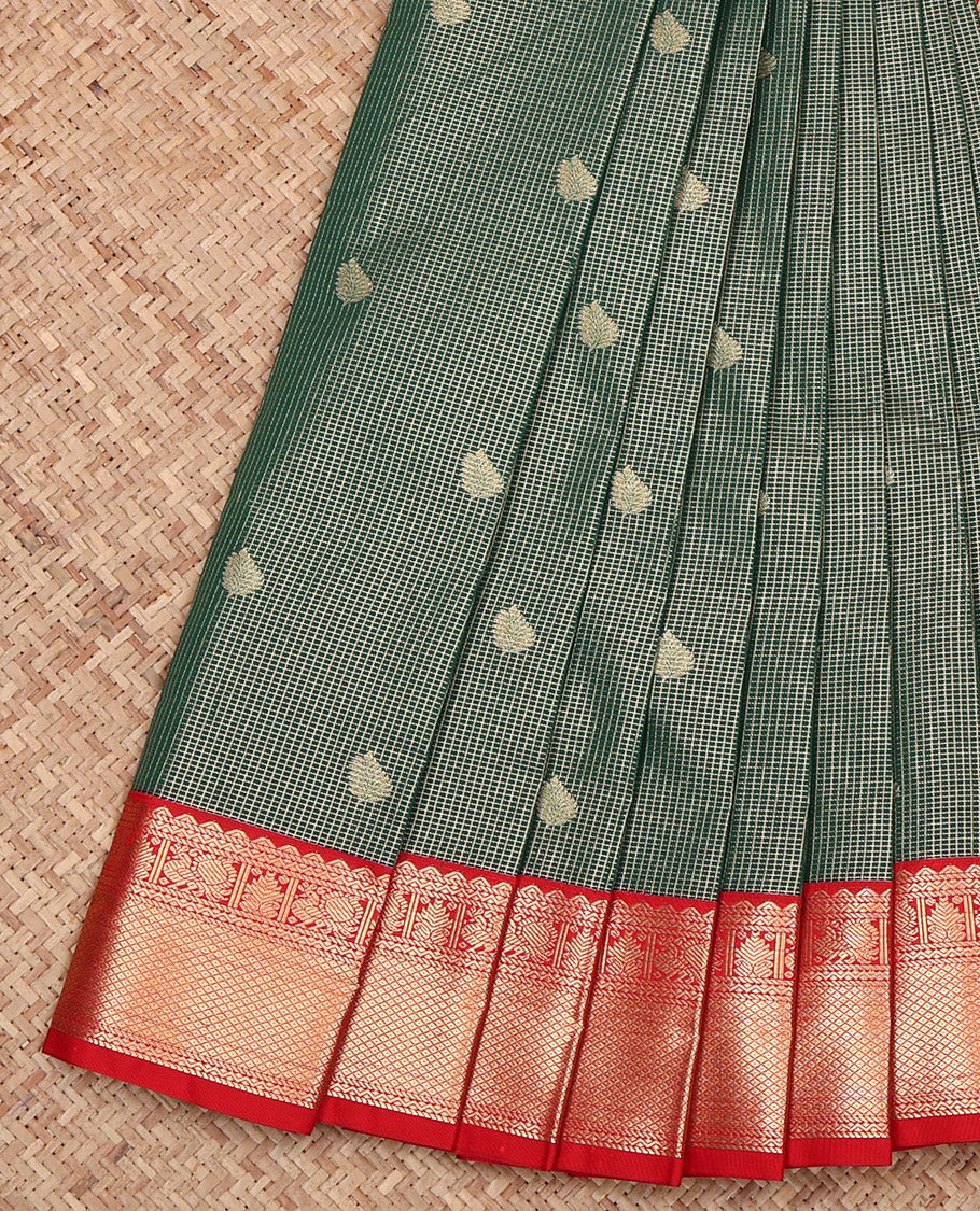 Green Budget Silk Saree, Ornamented with Zari Buttas and Micro-Checks, Complemented by a Contrast Traditional Zari Design Border, Grand Jaal Pallu, and a Contrast Blouse