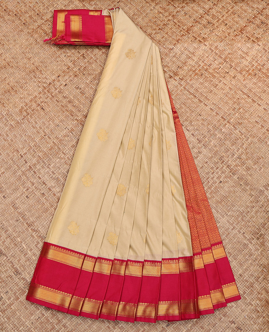 Sandal Budget Silk Saree, Subtly Sparkled with Zari Buttas, Complemented by Contrast Traditional Rettai Pettu Border, Grand Pallu and a Contrast Blouse