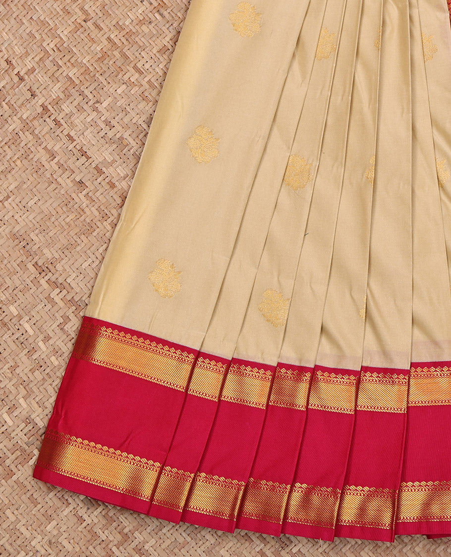 Sandal Budget Silk Saree, Subtly Sparkled with Zari Buttas, Complemented by Contrast Traditional Rettai Pettu Border, Grand Pallu and a Contrast Blouse