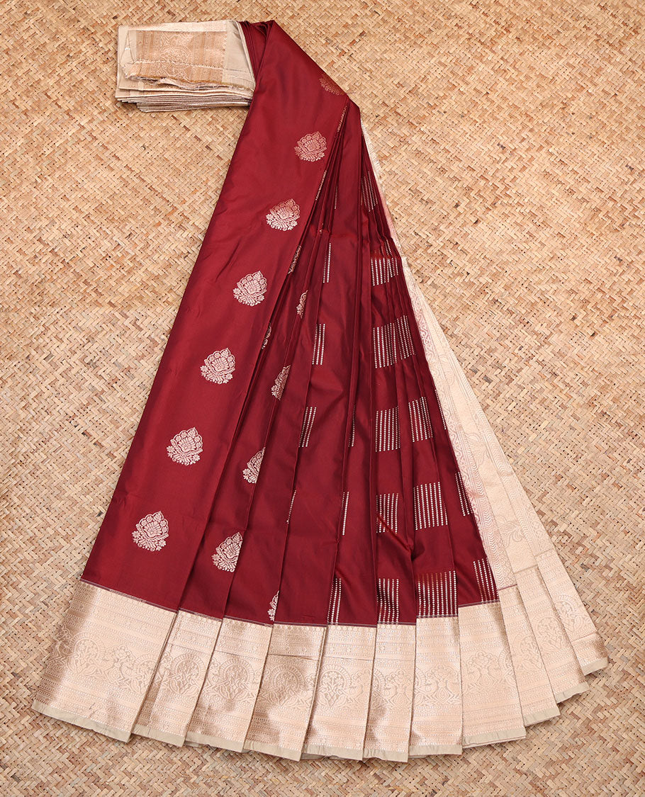 Maroon Budget Silk Saree, Richly Detailed with Zari Buttas, Complemented by a Contrast Traditional Zari Border, Intricately Designed Pallu, and a Contrast Blouse