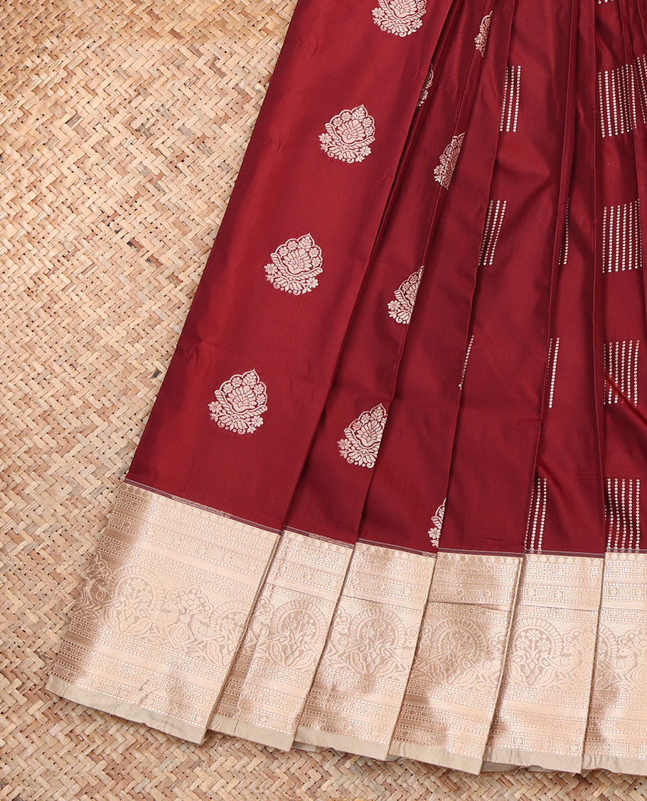 Maroon Budget Silk Saree, Richly Detailed with Zari Buttas, Complemented by a Contrast Traditional Zari Border, Intricately Designed Pallu, and a Contrast Blouse