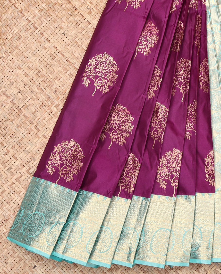 Purple Budget Silk Saree, Spotlighted with Floral Zari Buttas, Contrast Traditional Zari Border, Grand Pallu, and a Contrast Blouse
