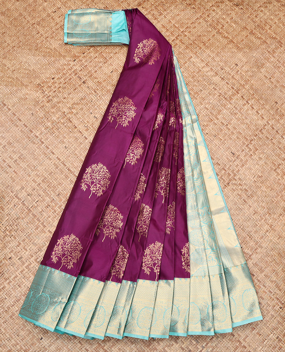 Purple Budget Silk Saree, Spotlighted with Floral Zari Buttas, Contrast Traditional Zari Border, Grand Pallu, and a Contrast Blouse