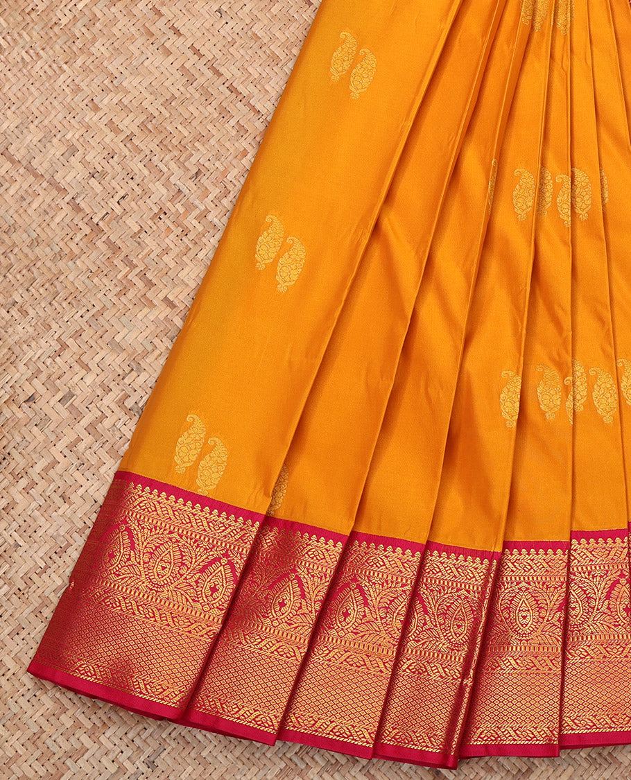 Orange Budget Silk Saree, Embellished with Zari Buttas, Complemented by Contrast Traditional Zari Border, Grand Pallu, and a Contrast Blouse
