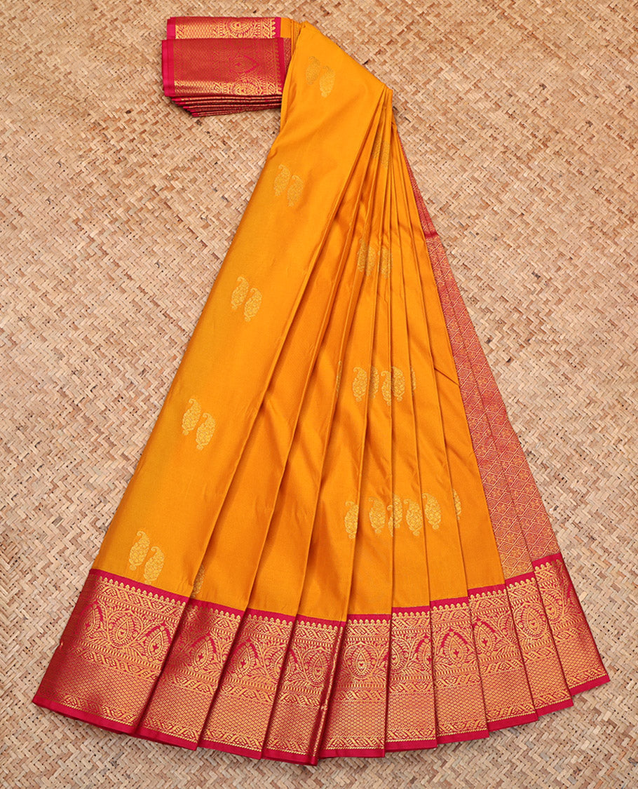 Orange Budget Silk Saree, Embellished with Zari Buttas, Complemented by Contrast Traditional Zari Border, Grand Pallu, and a Contrast Blouse