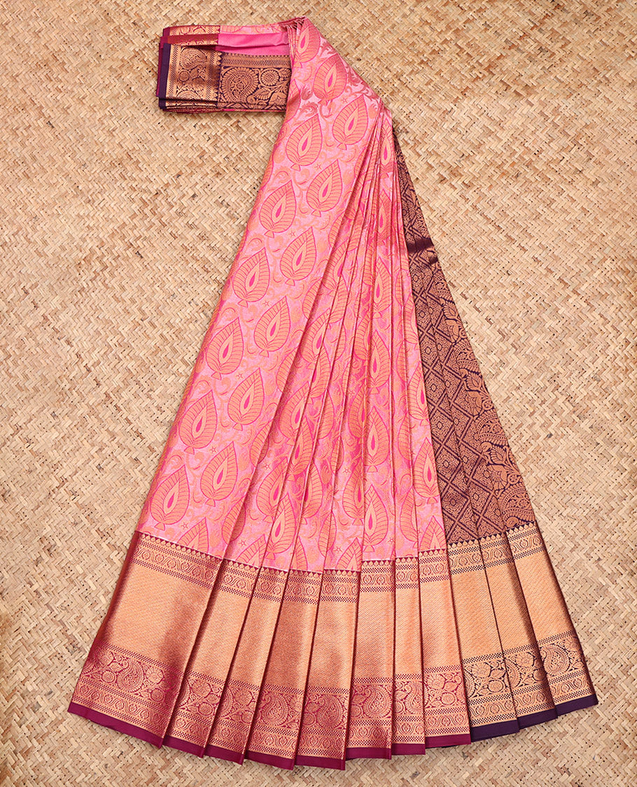 Pink Budget Silk Saree, Woven with Jacquard, a Contrast Traditional Zari Border, Jaal Pallu, and a Contrast Blouse