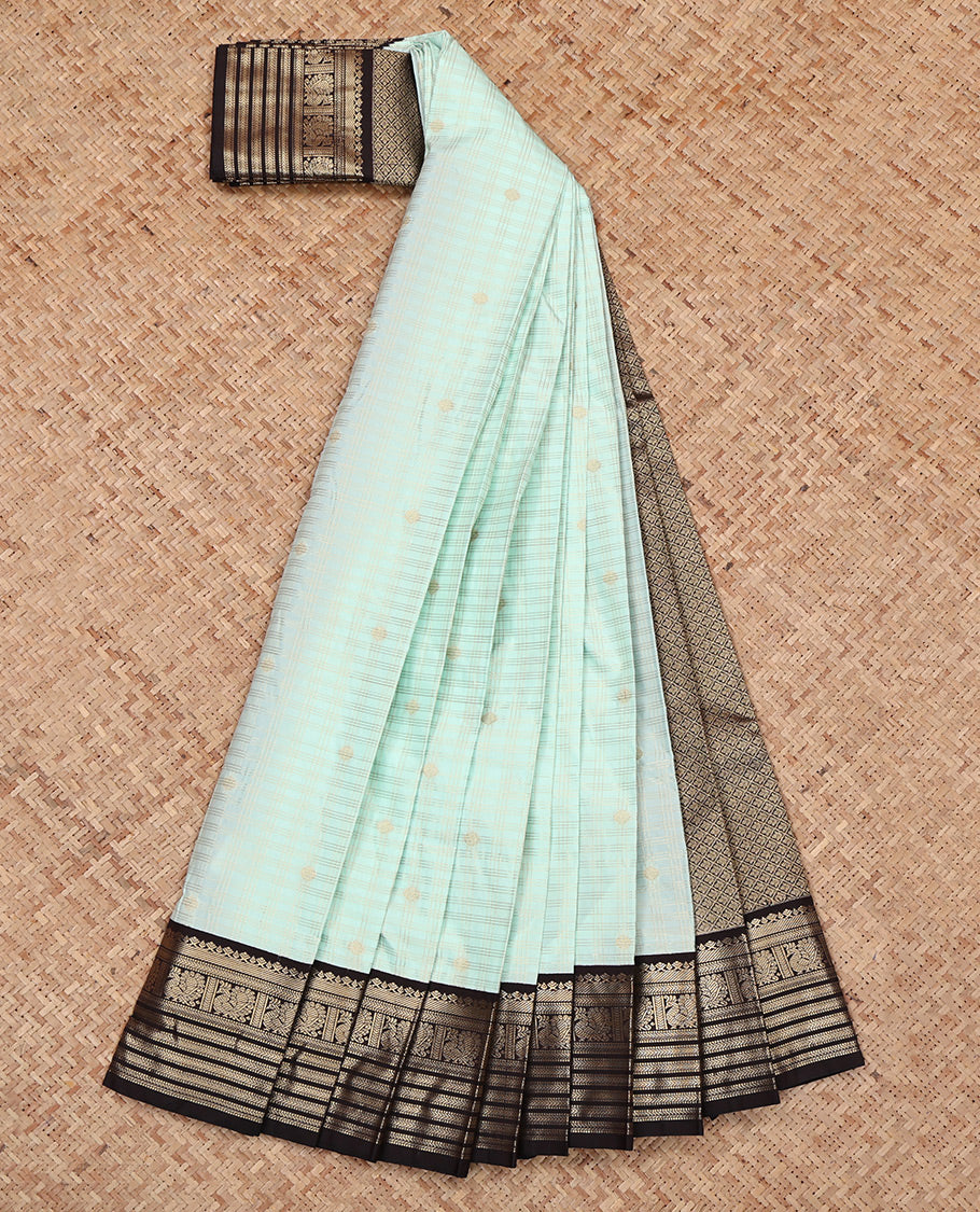 Turquoise Budget Silk Saree, Gleamed Up with Zari Butta and Checks, Complemented by a Contrast Traditional Zari Border, Jaal Pallu, and a Contrast Blouse