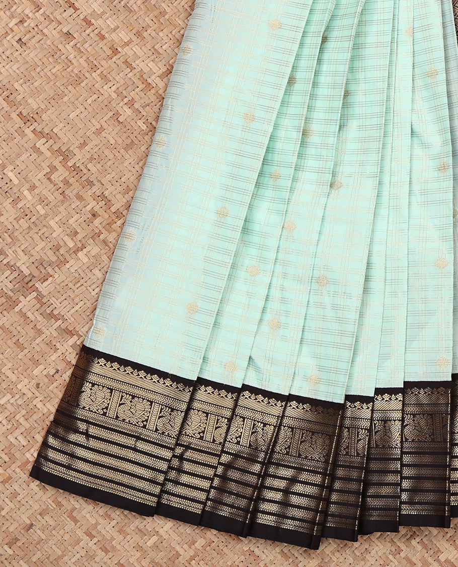Turquoise Budget Silk Saree, Gleamed Up with Zari Butta and Checks, Complemented by a Contrast Traditional Zari Border, Jaal Pallu, and a Contrast Blouse