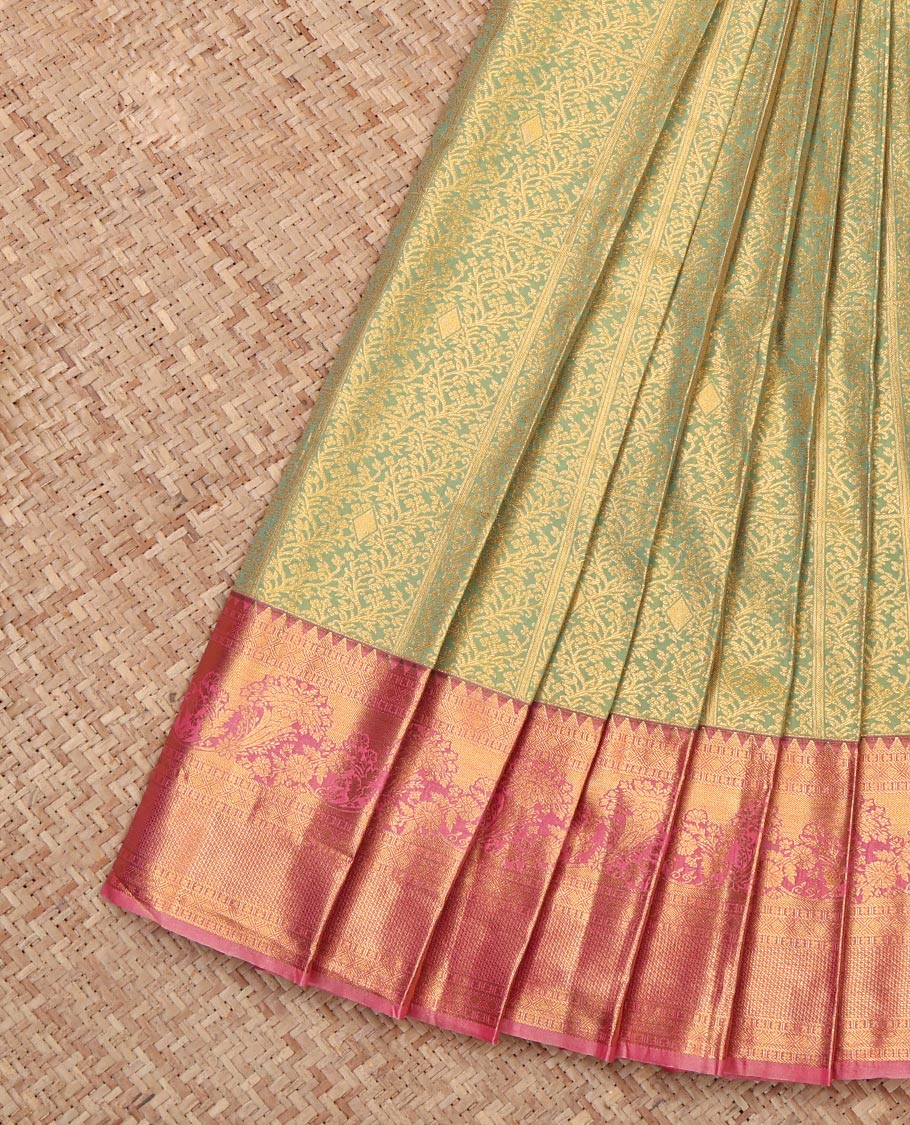 Green Budget Silk Saree Woven with Jacquard, Complemented by a Contrast Traditional Zari Border, Grand Pallu, and a Contrast Blouse