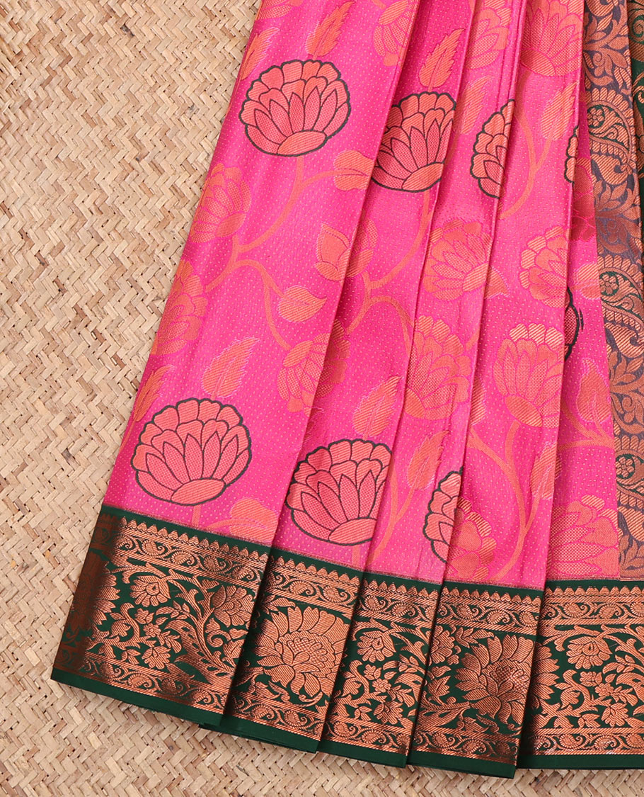 Pink Budget Silk Saree, Detailed with Jacquard Design, Complemented by a Contrast Floral Creeper Zari Border, Grand Pallu, and Contrast Blouse