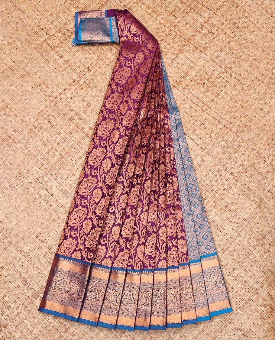 Purple Budget Silk Saree, Richly Detailed with Jacquard Design, Complemented by a Contrast Traditional Zari Border, Jaal Pallu, and a Contrast Blouse