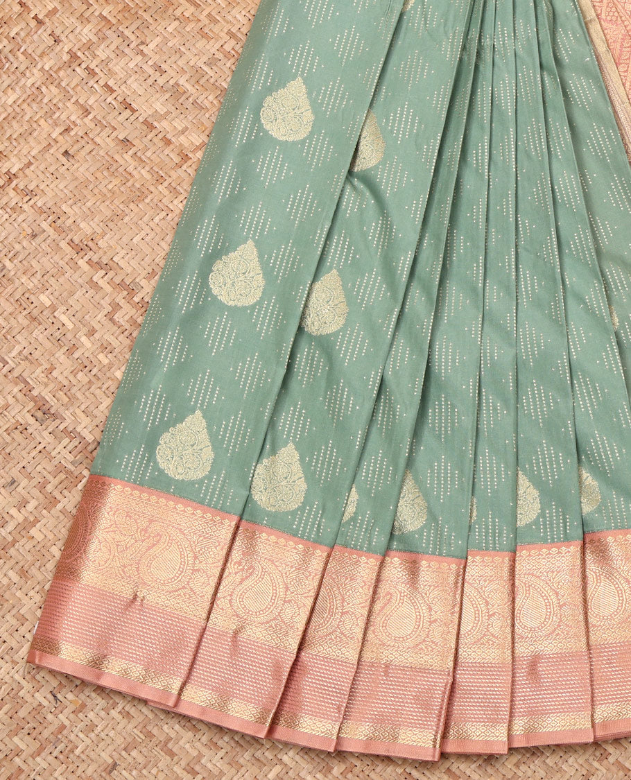 Green Budget Silk Saree, Subtly Sparkled with Zari Buttas, Complemented by a Contrast Traditional Border, Intricate Pallu, and Contrast Blouse
