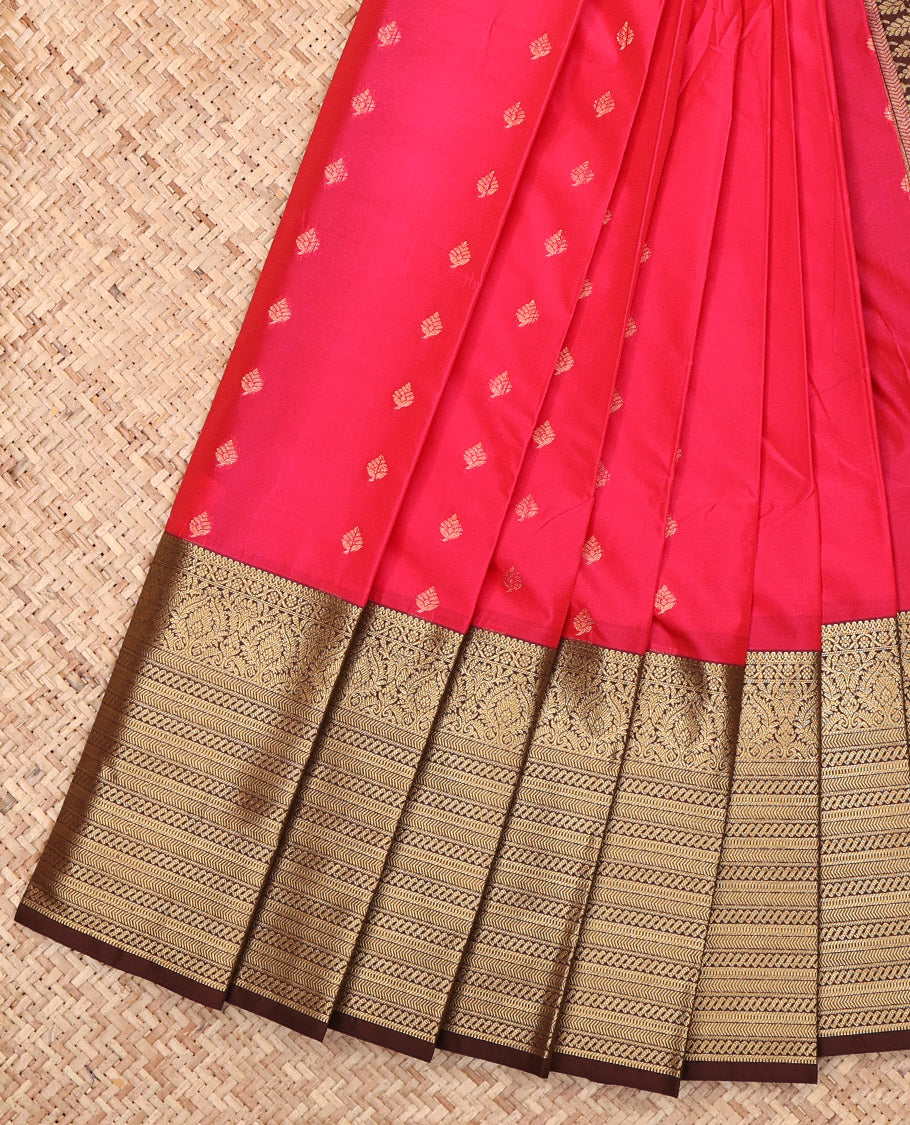 Red Budget Silk Saree, Adorned with Zari Buttas, Complemented by a Contrast Traditional Zari Border, Grand Pallu, and a Contrast Blouse