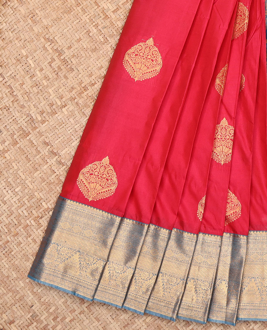Red Budget Silk Saree, Ornamented with Zari Buttas, Complemented by a Contrast Traditional Zari Border, Intricate Pallu, and a Contrast Blouse