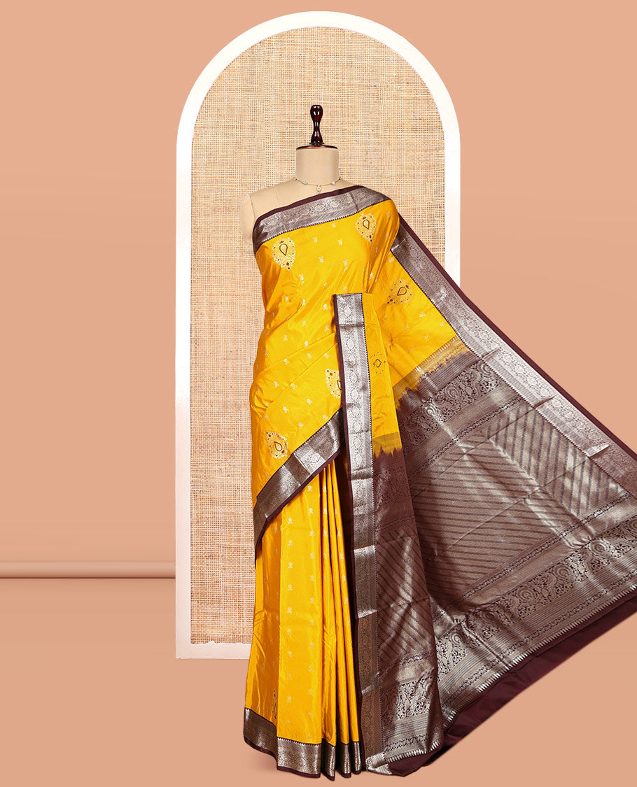 Yellow Budget Silk Saree, Mesmerized with Zari Buttas, Complemented by a Contrast Traditional Border, Pallu of Diagonal Stripes, and a Contrast Blouse
