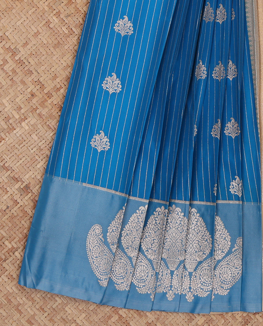 Blue Budget Silk Saree, Subtly Sparkled with Zari Buttas and Stripes, Complemented by a Contrast Zari Motif Border, Intricate Pallu, and a Contrast Blouse