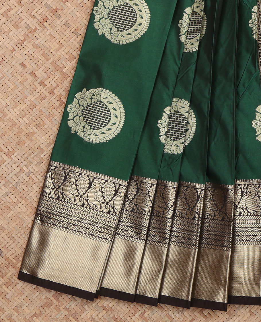 Green Budget Silk Saree, Elevated with Floral-Circular Buttas, a Contrast Traditional Peacock Zari Border, a Grand Pallu and a Contrast Blouse