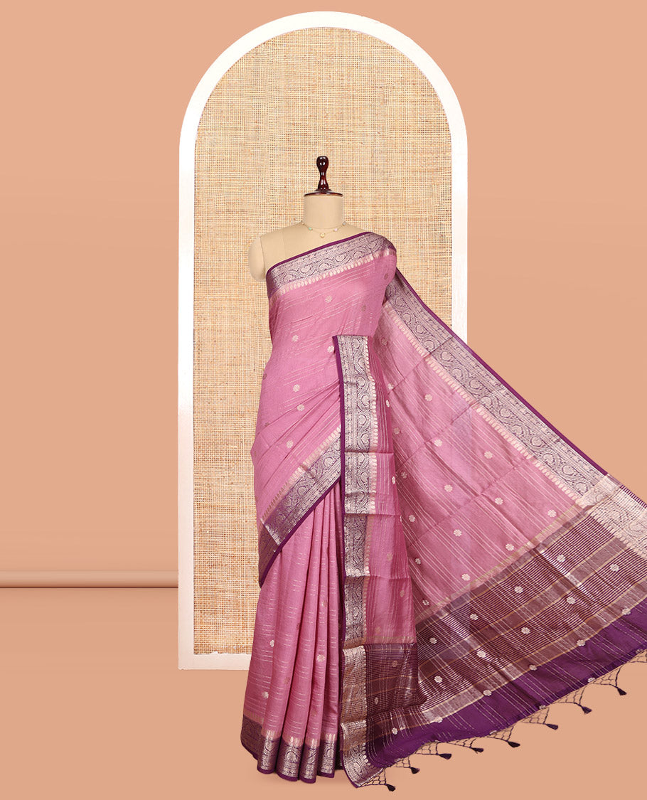 Onion Pink Assam Silk Saree, Crafted with Zari Buttas and Stripes, Complemented by Contrast Floral Creeper Zari Border, Zari Woven Pallu, and Contrast Blouse