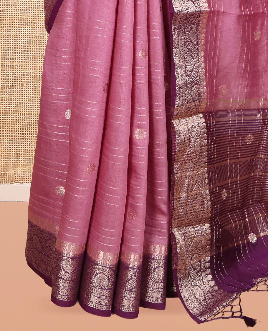 Onion Pink Assam Silk Saree, Crafted with Zari Buttas and Stripes, Complemented by Contrast Floral Creeper Zari Border, Zari Woven Pallu, and Contrast Blouse