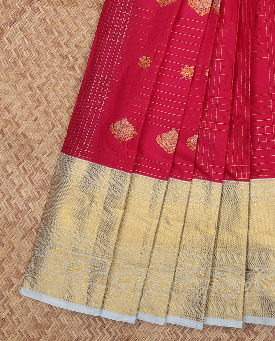 Red Budget Silk Saree, Graced with Zari Butta Enclosed Checks, Complemented by a Contrast Traditional Zari Border, Grand Jaal Pallu, and Contrast Blouse