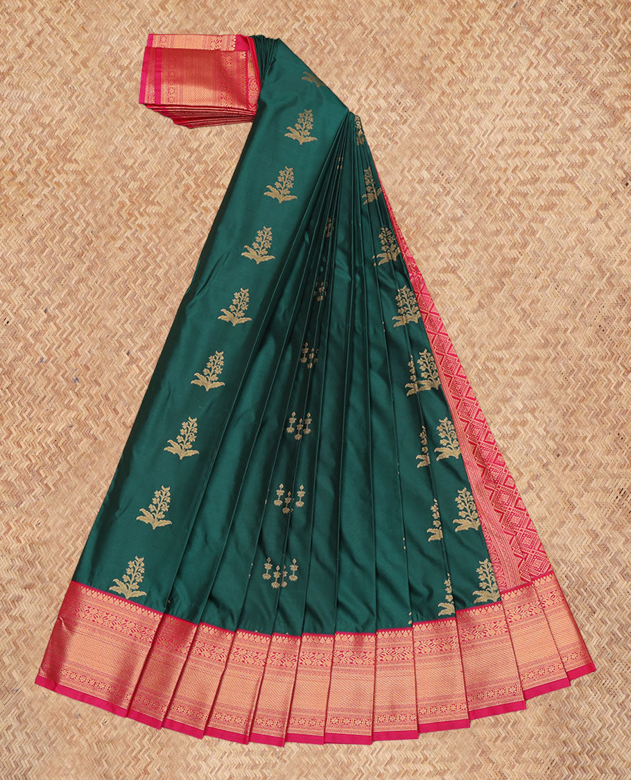 Green Budget Silk Saree, Embellished with Zari Buttas, a Contrast Traditional Border, Intricate Pallu, and a Contrast Blouse