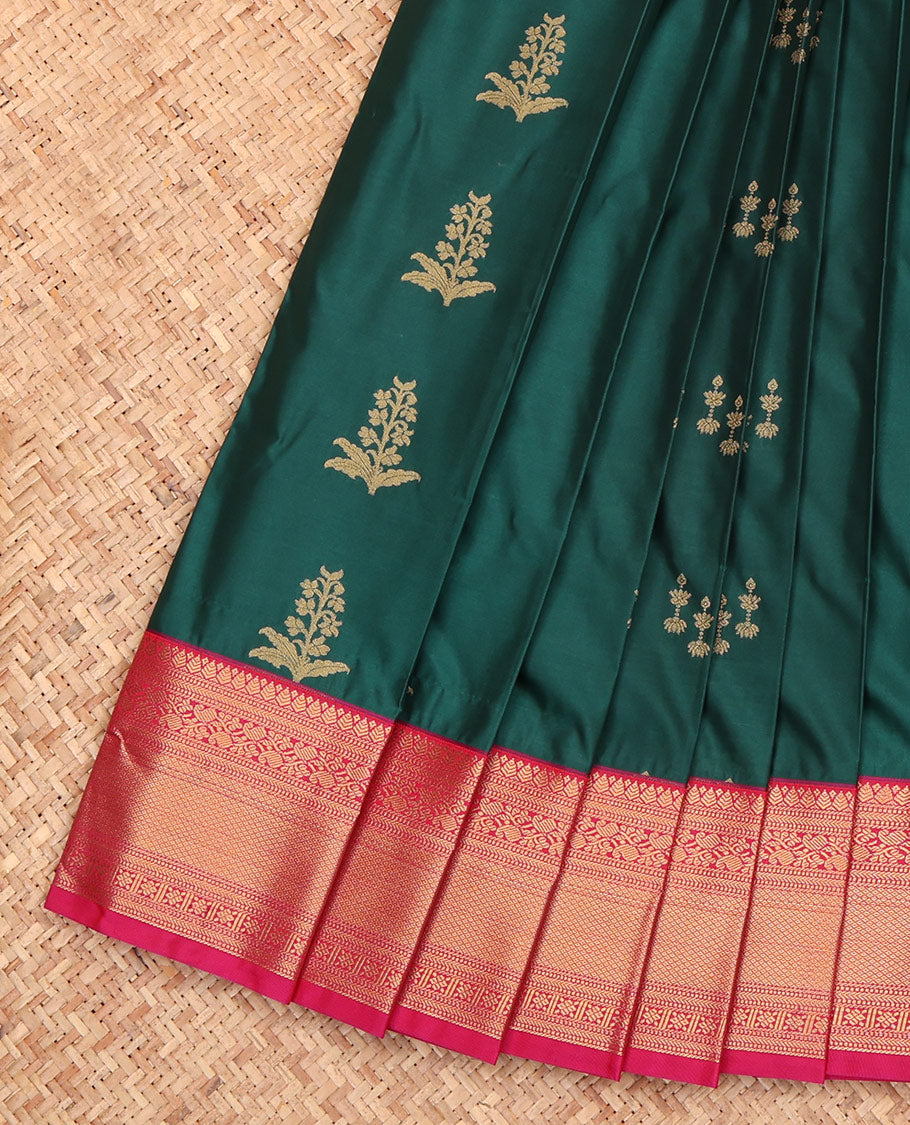 Green Budget Silk Saree, Embellished with Zari Buttas, a Contrast Traditional Border, Intricate Pallu, and a Contrast Blouse