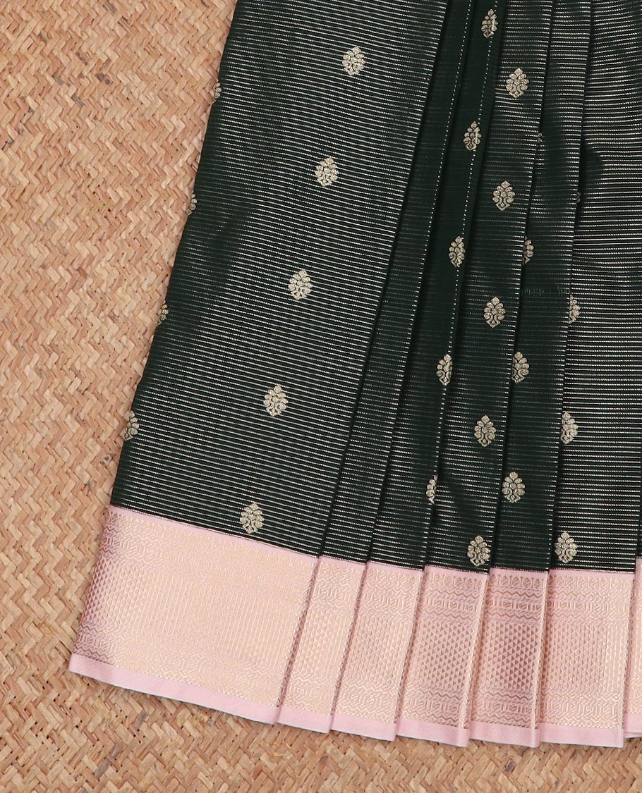 Black zari buttas and stripes gift saree, contrast traditional zari border, and jaal pallu