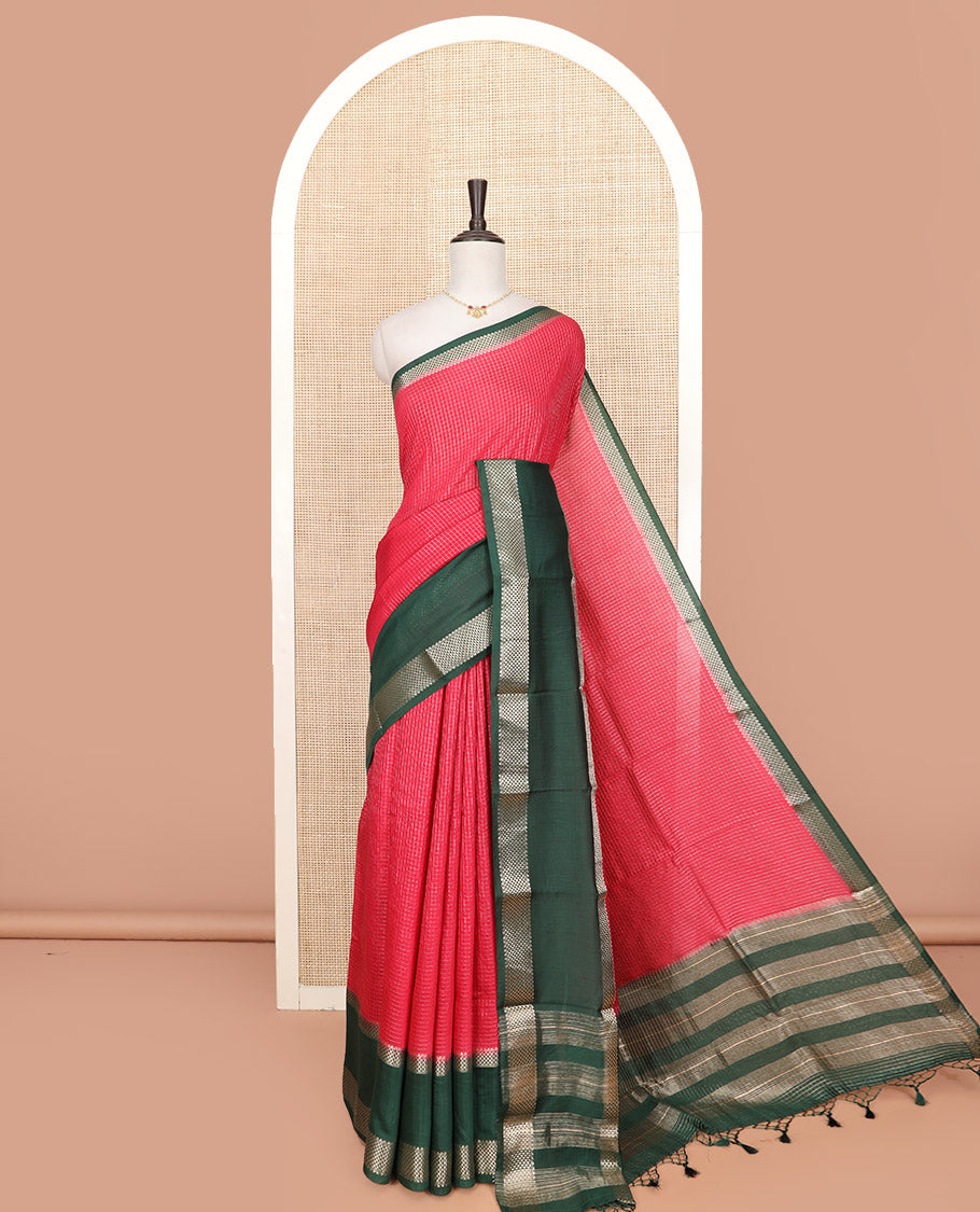 Red Assam Silk Saree Subtly Sparkled with Zari Checks, Complemented by Contrast Zari Border of Triangle Motifs, a Gleaming Pallu of Zari Stripes, and Paired with a Contrast Blouse