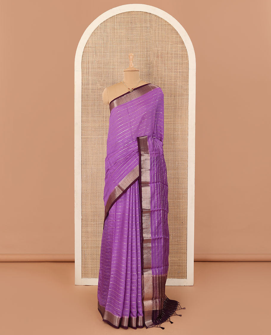 Lavender horizontal striped Assam silk saree, traditional zari border, and zari-rich gleaming pallu