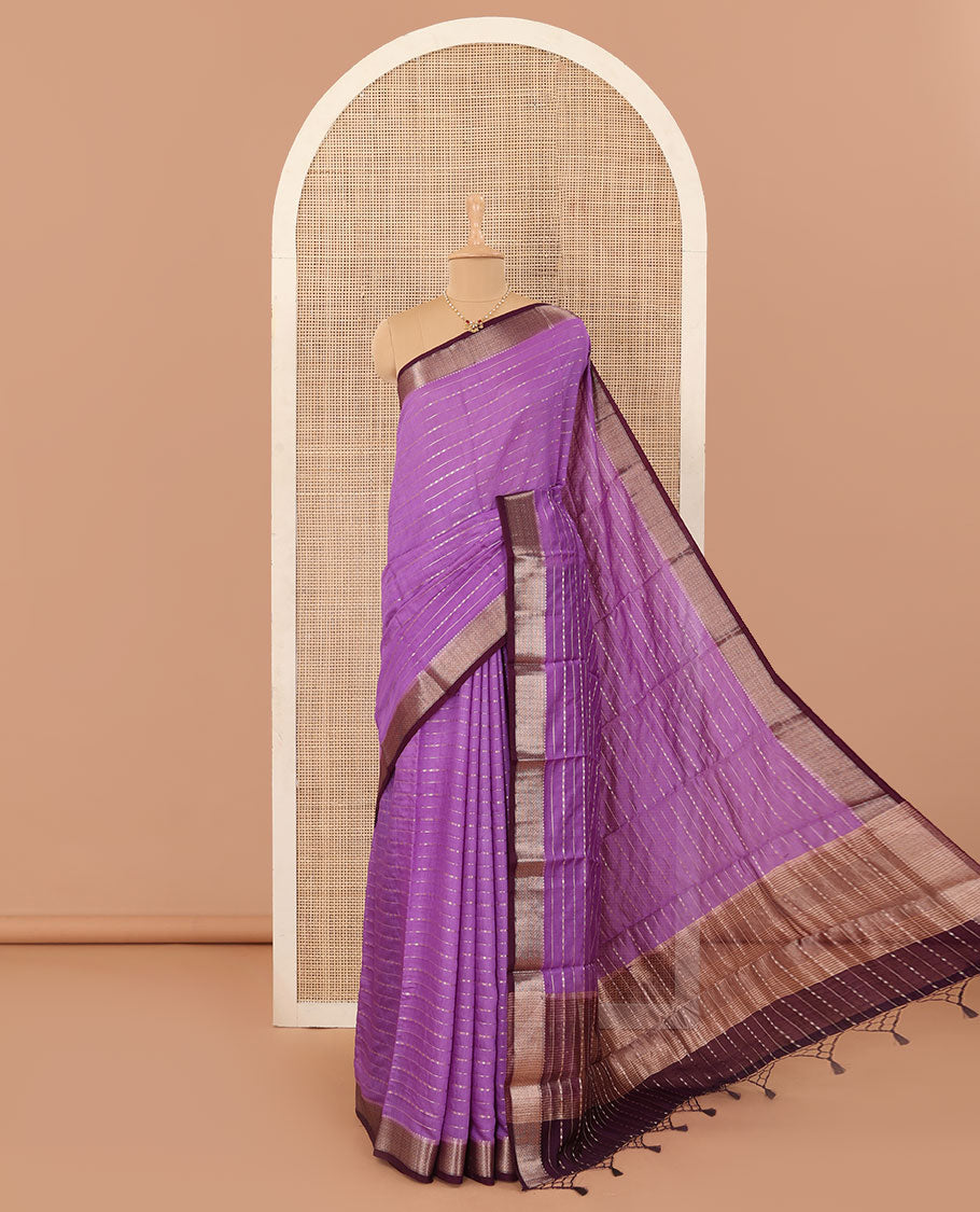 Lavender horizontal striped Assam silk saree, traditional zari border, and zari-rich gleaming pallu