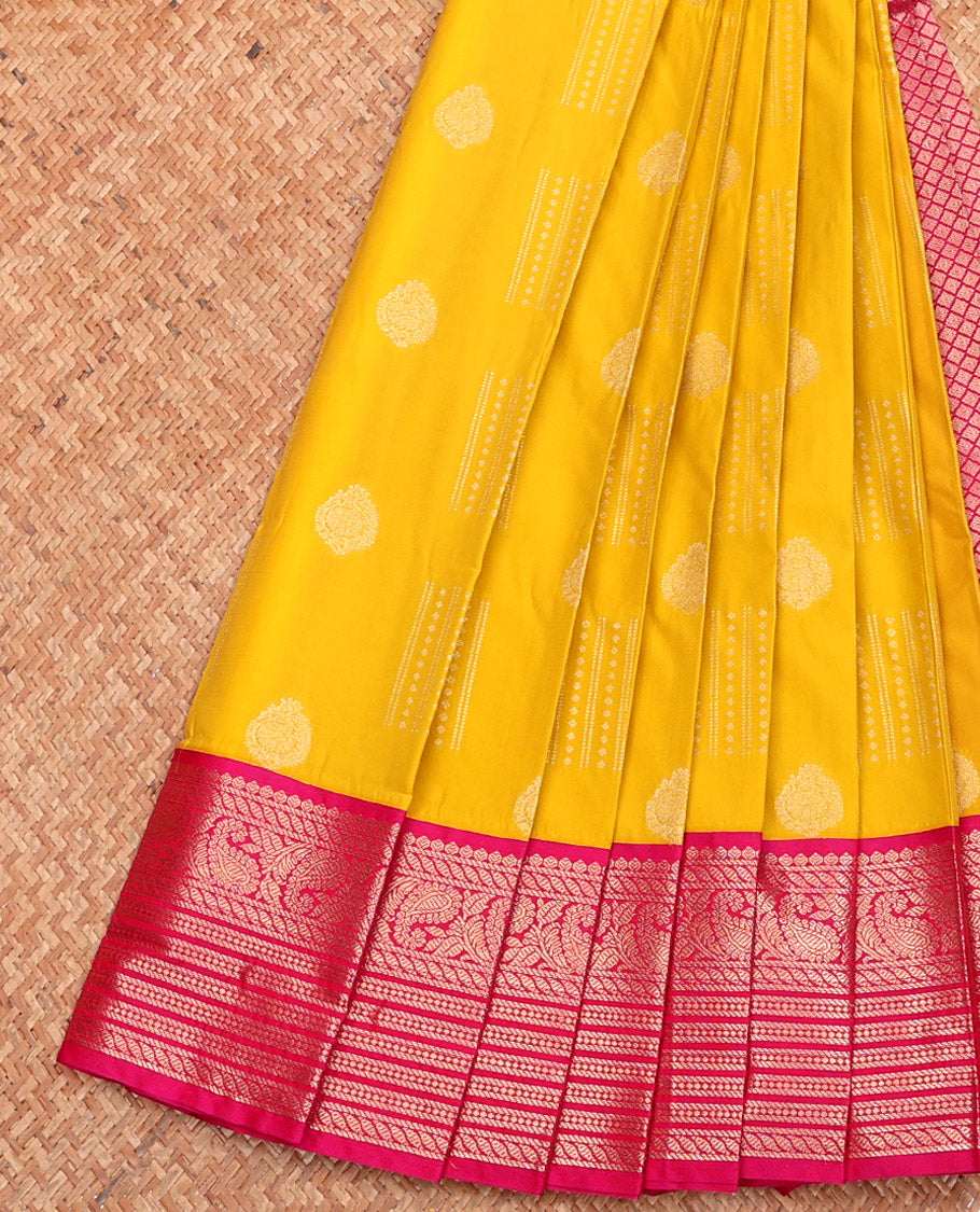 Yellow Budget Silk Saree, Sparsely Sparkled with Zari Buttas, Complemented by a Contrast Traditional Zari Border, Jaal Pallu, and Contrast Blouse