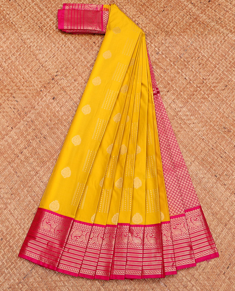 Yellow Budget Silk Saree, Sparsely Sparkled with Zari Buttas, Complemented by a Contrast Traditional Zari Border, Jaal Pallu, and Contrast Blouse