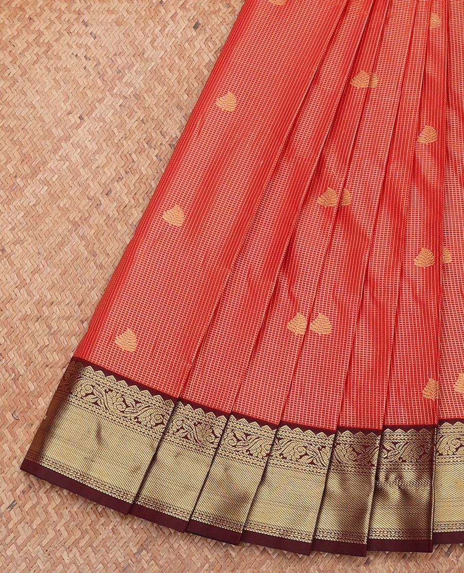 Red Budget Silk Saree, Highlighted with Zari Buttas and Checks, Complemented by a Contrast Traditional Zari Design Border, Grand Pallu, and a Contrast Blouse