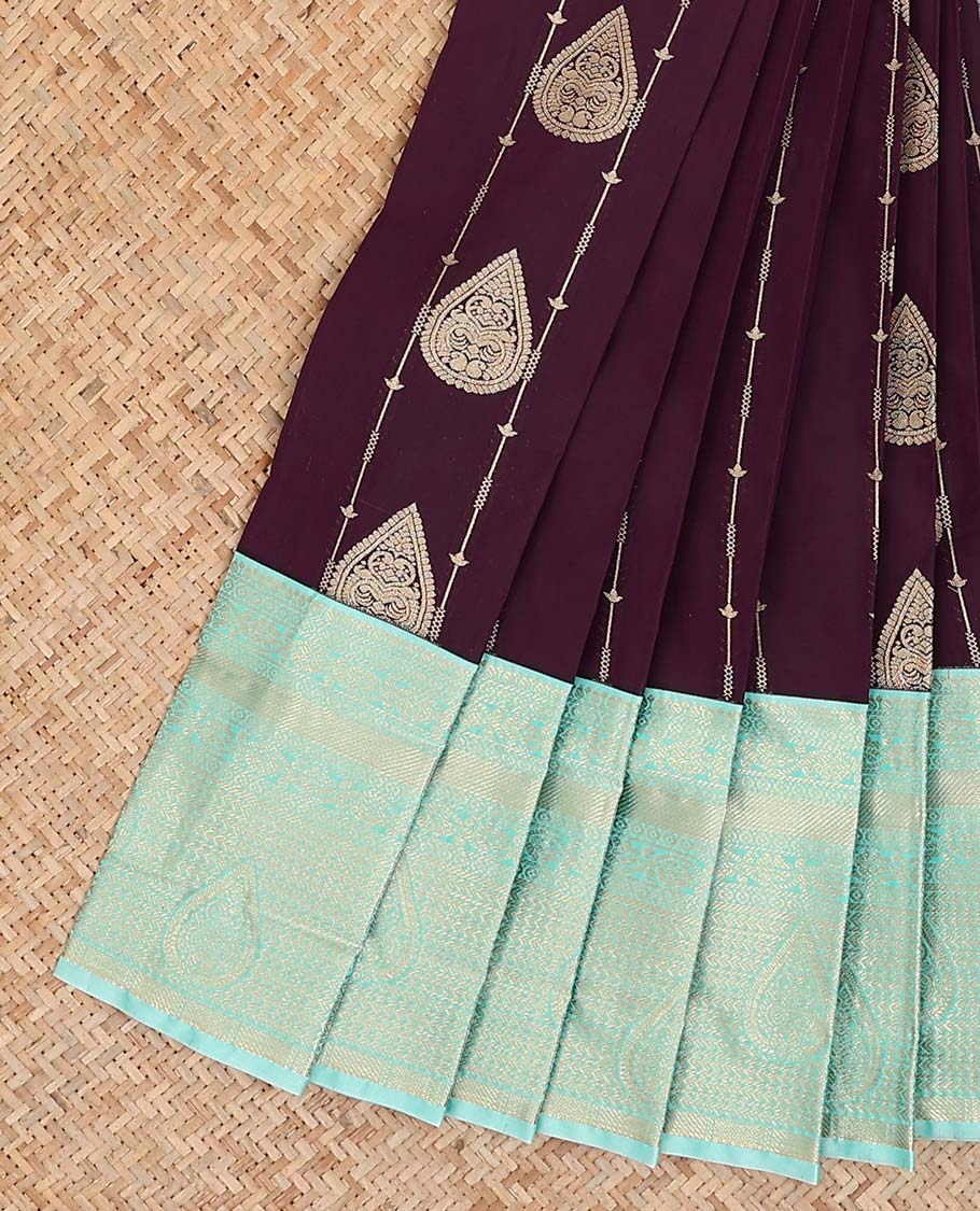 Maroon zari design gift saree, contrast traditional zari design border, and jaal pallu