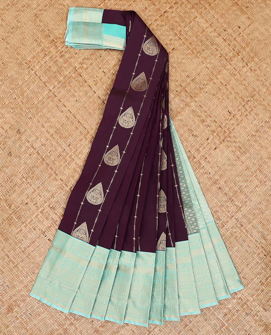 Maroon zari design gift saree, contrast traditional zari design border, and jaal pallu