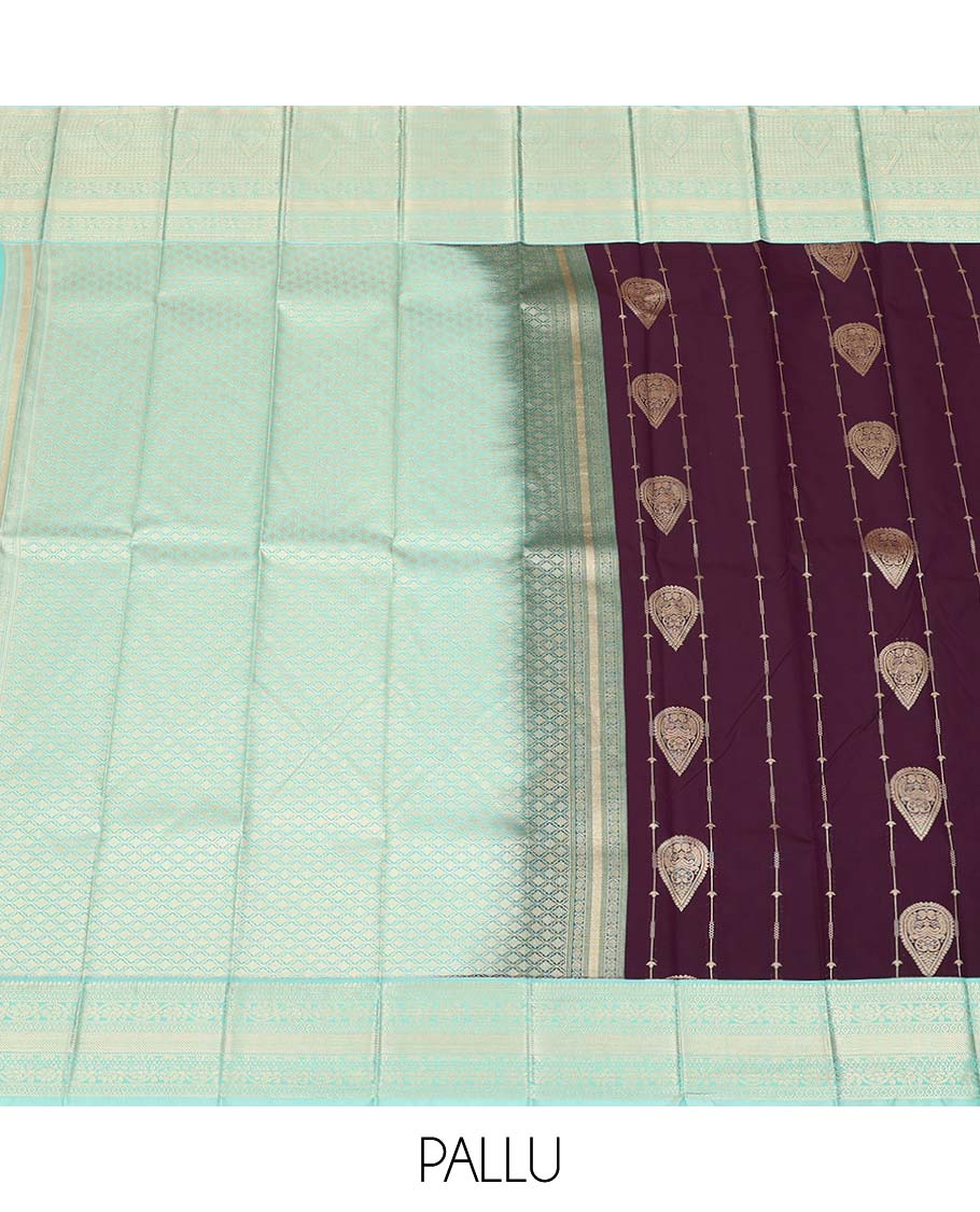 Maroon zari design gift saree, contrast traditional zari design border, and jaal pallu