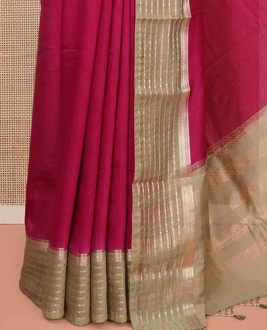 Magenta Plain Assam Silk Saree, Complemented by Contrast Traditional Zari Design Border, Pallu Pictures Zari Stripes, and Paired with a Contrast Blouse