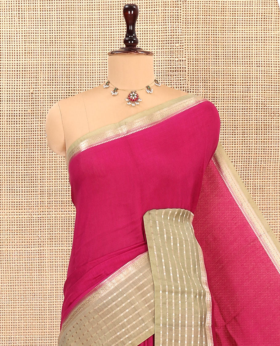 Magenta Plain Assam Silk Saree, Complemented by Contrast Traditional Zari Design Border, Pallu Pictures Zari Stripes, and Paired with a Contrast Blouse
