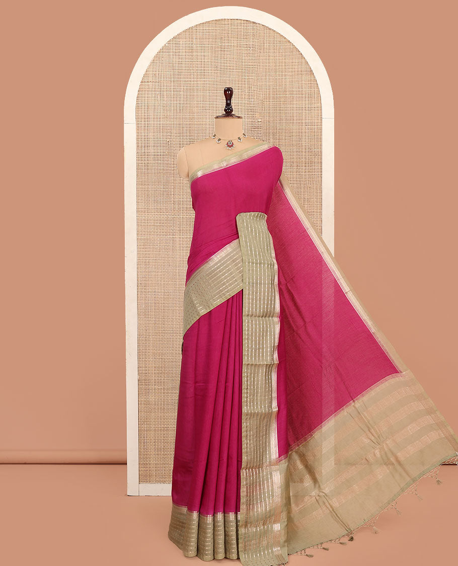 Magenta Plain Assam Silk Saree, Complemented by Contrast Traditional Zari Design Border, Pallu Pictures Zari Stripes, and Paired with a Contrast Blouse