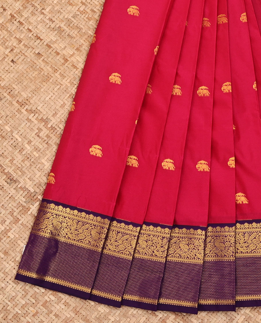 Pink Budget Silk Saree, Bedecked with Elephant Buttas All Over Its Body, Complemented by a Contrast Traditional Zari Border of Peacock Designs, Pallu of Jaal Designs, and Paired with a Contrast Blouse